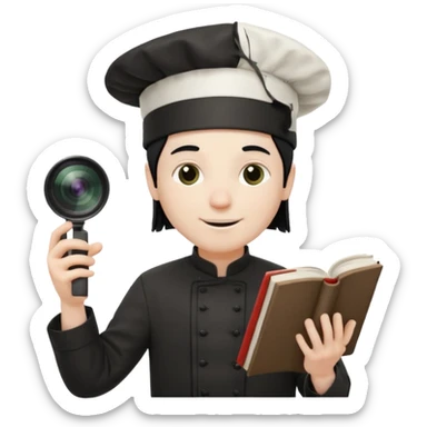 ["A happy man with pale skin, straight hair, wearing a chef hat and no glasses, dressed in goth fashion, is reading a book while holding a camera."] sticker