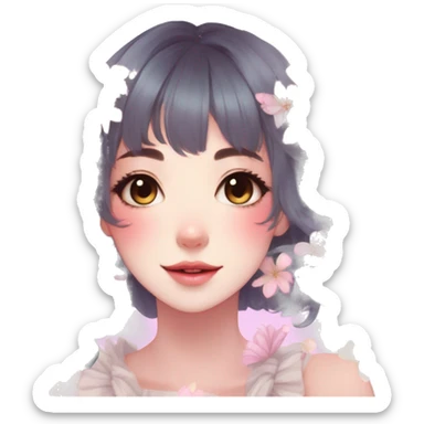 Gorgeous Pastel Anime-Style Lady With Butterflies on face and flower petals around cottage core pastelcore kawaii aesthetic trending style sticker