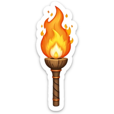 Indiana Jones-style flaming torch: worn wooden stick, bright orange flame, dark and realistic atmosphere. sticker