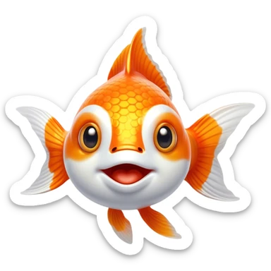 Cinematic Comical Orange and White Goldfish Portrait Emoji, Head tilted dramatically with an exaggeratedly amused expression, featuring a striking body with bold orange and white patterns, wide, expressive golden eyes filled with playful disbelief, Simplified yet hilariously expressive features, highly detailed, glowing with a slightly sassy glow, high shine, dramatic yet playful, stylized with an air of cheeky mischief, bright and endearing, soft glowing outline, capturing the essence of a spirited and over-the-top goldfish, so meme-worthy it feels like it could side-eye its way into internet fame instantly! sticker
