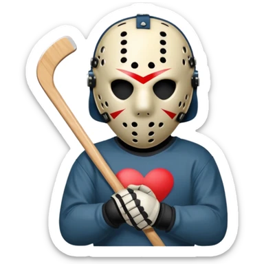 a cartoon image of Jason Voorhees, looking cute, with his hands clasped in front of him, at a sideways angle, looks like he is in love sticker