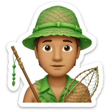 Hawaiian man with leaf hat green and fishing net sticker