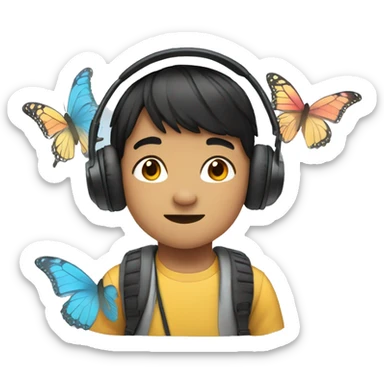 asian boy with headphone and butterflies  sticker
