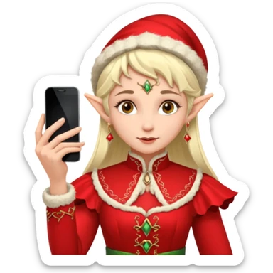 elf with russia custome dress and smartphone, red sticker