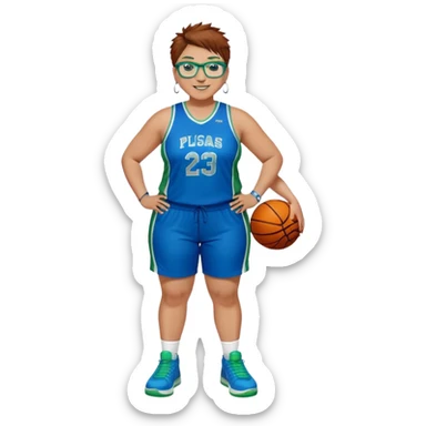 Full Body plus size white female basketball player with short medium brown hair with carmel highlights spikey hair wearing blue glasses 
 wide nose wearing blue green uniform  green sneakers smiling wearing silver hoop earrings sticker