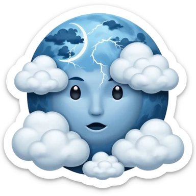 blue moon with no face and with clouds with snow and thunder with no face too sticker