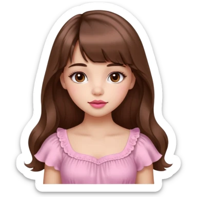 A cute girl with medium skin, soft pinkish cheeks, large bambi dark hazel eyes with long eyelashes, long wavy brown hair with bangs, medium straight nose with a soft tip, medium natural red lips, very feminine and pretty features, wearing a beautiful pink dress.l sticker