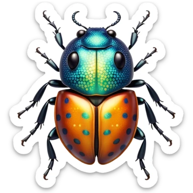 Cinematic Cute Beetle Portrait Emoji, Head tilted playfully and inquisitively, featuring a diminutive, charming body with a glossy, intricately patterned shell and round, sparkling eyes full of endearing wonder, Simplified yet irresistibly adorable features, highly detailed, glowing with a warm, inviting metallic glow, high shine, affectionate and lively, stylized with a touch of whimsical insect elegance, soft glowing outline, capturing the essence of a mischievous beetle that seems as if it could scuttle out of the screen into your arms! sticker