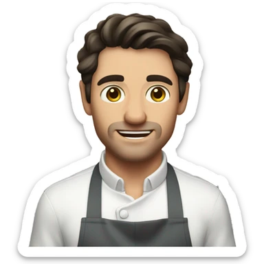 Handsome strong white man with dark hair in kitchen with apron sticker