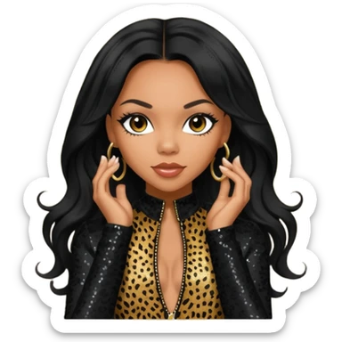 Kiely Williams from 3lw/Cheetah Girls with long jet black hair, black sequin outfit sticker