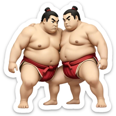 Cinematic Realistic Sumo Wrestling Emoji, depicted as an intense sumo match featuring powerful wrestlers in traditional mawashi, rendered with rich textures and dynamic dramatic lighting that captures the raw intensity of the sport. sticker