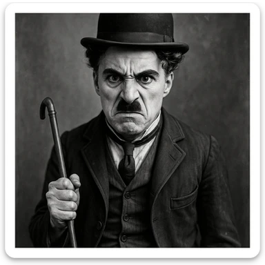 angry Charlie Chaplin, expressive face, bowler hat, mustache, cane, black and white, classic silent film style sticker