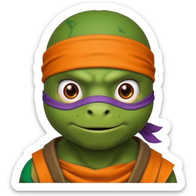 Donatello from Teenage Mutant Ninja Turtles, emoji style, head only, cute minimalistic style, with an orange bandana sticker