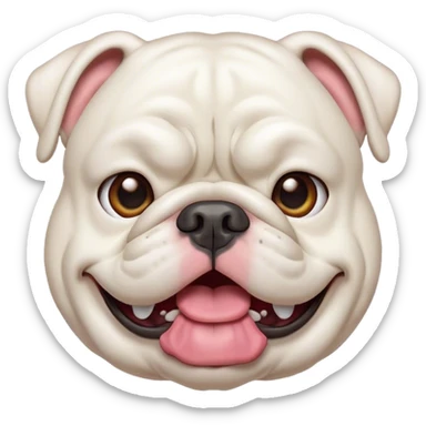 Cinematic Comical White English Bulldog Portrait Emoji, Head tilted dramatically with an exaggeratedly amused expression, featuring a striking pure white coat with a subtle sheen, wide, expressive brown eyes filled with playful disbelief, Simplified yet hilariously expressive features, highly detailed, glowing with a slightly sassy glow, high shine, dramatic yet playful, stylized with an air of cheeky defiance, bright and endearing, soft glowing outline, capturing the essence of a spirited and over-the-top guardian, so meme-worthy it feels like it could side-eye its way into internet fame instantly! sticker