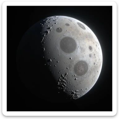 planet Mercury, round, rocky gray ball, covered in pitted marks and rough patches, realistic, illuminated edge, deep shadows, space background sticker