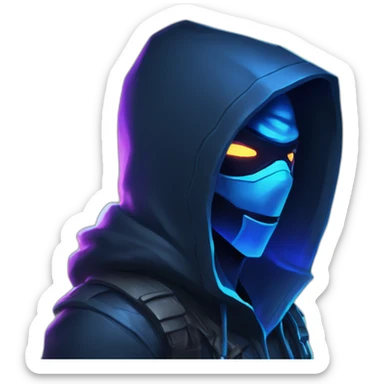 developer behind his laptop with this style : Riot Games Valorant dark blue glowing bright neon blue sparks black hooded assassin themed character sticker