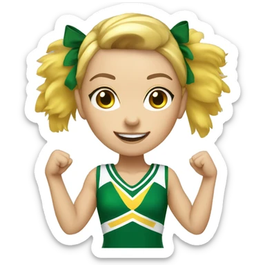 White girl Cheerleader cheering with green and yellow uniform and poms sticker