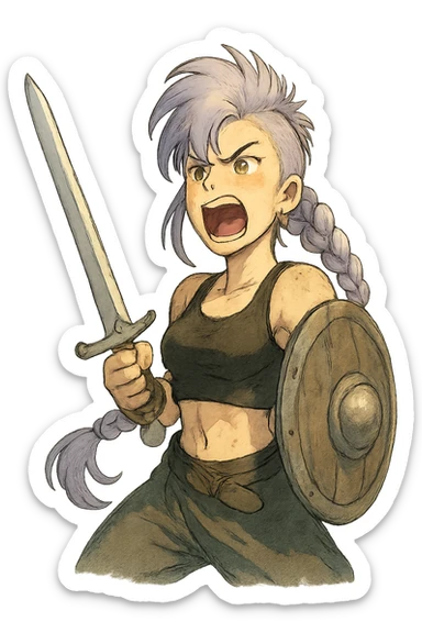 A sword maiden, mohawk, long braid white hair with lavender and tips long messy bangs one side, gold yellow eyes, black crop top, brandishing an arming sword and a shield, roaring! rah! sticker