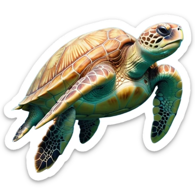 Cinematic Noble Sea Turtle Portrait Emoji, Poised and wise, with a majestic, domed shell adorned with rich, textured patterns and a smooth, ancient body gliding gracefully through the water, deep, reflective eyes exuding calm wisdom, Simplified yet sharp and sophisticated features, highly detailed, glowing with a soft, oceanic glow, high shine, intelligent and graceful, stylized with an air of timeless marine majesty, focused and serene, soft glowing outline, capturing the essence of a watchful and confident sea guardian that appears ready to glide out of the screen with effortless authority! sticker