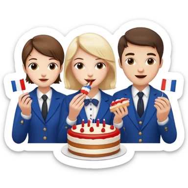 a french style elegant girl being recorded by 2 elegant guys with a french flag  and the girl eating a cake sticker