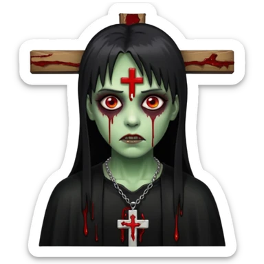 zumbi verde com olhos vermelhos sangrando e franja roupa preta e um crucifixo como colar sticker