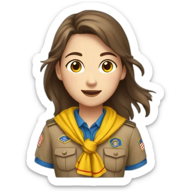 A scout girl with Brown hair with a knotted red and yellow scarf and a blue scout shirt sticker