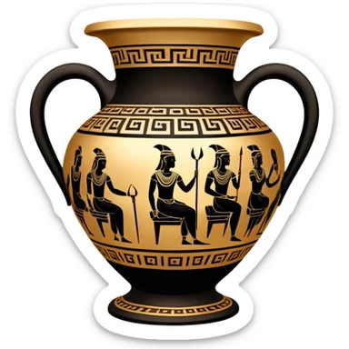 Cinematic-realistic Grecian urn, an exquisite black-figure pottery masterpiece resting in the dim glow of an ancient temple. Intricate golden depictions of gods and warriors encircle its curved form, telling timeless myths of heroism and tragedy. The polished ceramic surface reflects flickering torchlight, while faint wisps of dust drift in the air, whispering echoes of a long-lost civilization. sticker