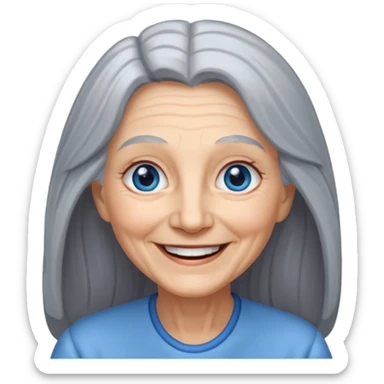 an elderly woman with long, grey hair and a smiling face with blue eyes sticker