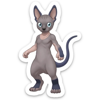 Pastel dull greyish anthropomorphic furry Mewtwo-Beerus-Minccino-Lykoi-Sphynx-hybrid-Fakémon-fusion-animal-ET-species-creature, full body  sticker