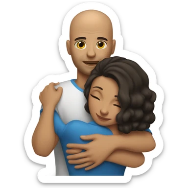 Comforting hug from tall, brunette, Puerto Rican woman to shorter bald male sticker
