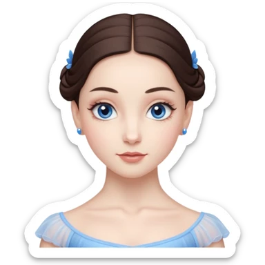 Realistic Ballerina Portrait, with porcelain-like skin featuring a natural rosy flush, illuminated by soft lighting that highlights the gentle contours of her face. Her Brunette hair flows in soft.Her deep blue eyes radiate framed by arched brows and long lashes. sticker