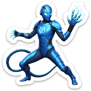 NIGHTCOIL: Dark flexible suit with electric-blue circuitry. Electrified whip crackling with energy. Lightweight armor, fingerless gloves, serpent insignia. Agile, playful, unpredictable. Mid-motion stance, whipping around enemies or structures. sticker