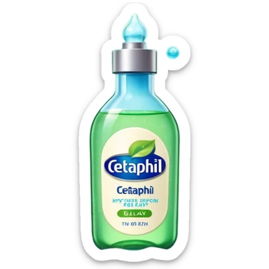 Cetaphil white bottle with light green flip cap and blue-green label, glowing softly. Surrounded by tiny light orbs and silky sparkles flowing like hydration waves. Feels like a gentle skin shield potion in a glossy, minimalist flask. sticker