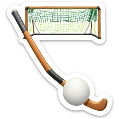 field hockey stick and ball on green grass field with goalposts in background sticker