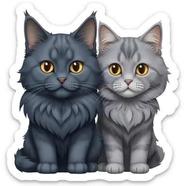 Portrait of a black smoke Maine Coon cat with long grey ear tufts, alongside a British Shorthair cat with a solid blue coat. Both cats with detailed fur textures and playful expressions. Soft, elegant background with warm, natural tones. Transparent background. sticker