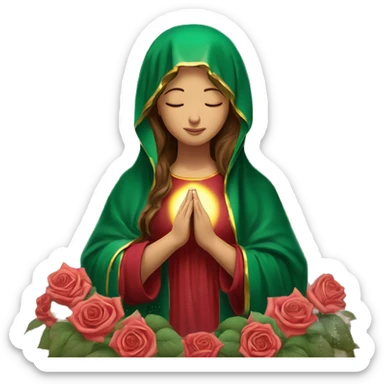Virgin Mary: kind face looking down at the left, long brown hair, Wearing an emerald green  robe with gold stars and a burgundy red dress,  Hands in prayer or blessing. Halo around her head. standing in front of a big sun. colorful roses on the sides  sticker