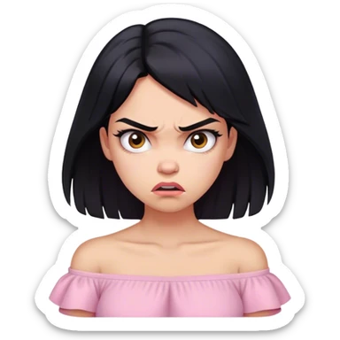 Chica de pelo negro y piel clara y linda con una camisa rosa pastel cruzada de hombros enojada sticker