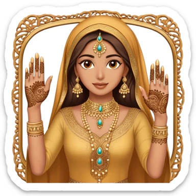 An Arab woman takes a mirror selfie, showcasing her beautifully adorned hands with intricate henna designs and long, elegant nails. She wears multiple gold rings that complement her shimmering golden traditional outfit. sticker