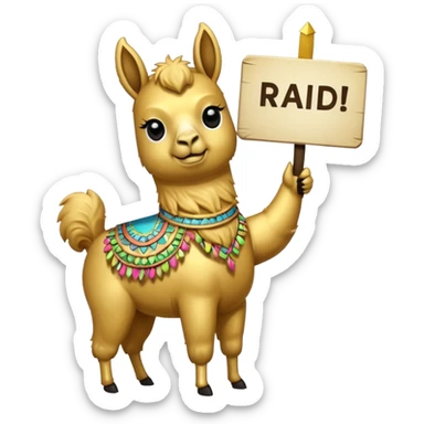 A small golden llama silhouette holding a sign in its mouth that says RAID sticker