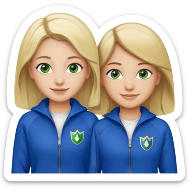 two girls smiling one has blond hair and green eyes and one is has dark brown hair and blue eyes they are wearing royal blue track suits sticker