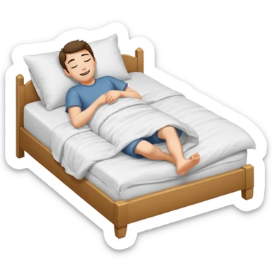 A man in bed under covers kicking feet because so excited to sleep. Eyes are closed and he is smiling and Show his feet sticker