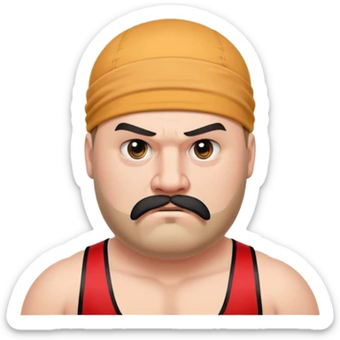 Close-up of very fat white skin guy with young face, beard and mustache, no muscle with prominent black durag, black eyes in a red and black wrestling singlet with angry face sticker