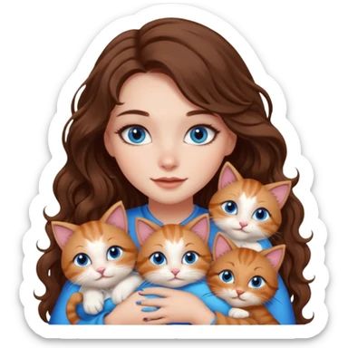 girl with long wavy brown hair, blue eyes, long lashes makeup, cuddling with 6 cute cats sticker