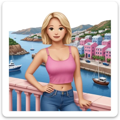 jennifer lawrence, pink crop top, and blue jeans, leaning on a balcony with a harbor and cityscape in the background, smiling sticker