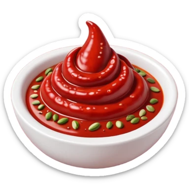 harissa paste, small dollop or swirl, deep red, thick textured, glossy, uneven, flecks of chili, spices, seeds, vibrant red to crimson, clean 3D, soft shadows, transparent background, emoji scale sticker