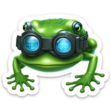 Create a high-quality emoji resembling a cybernetic frog mascot inspired by Neo from The Matrix. The emoji should feature the frog's face with sleek VR goggles and a form-fitting cyber armor with glowing blue circuit patterns.  sticker