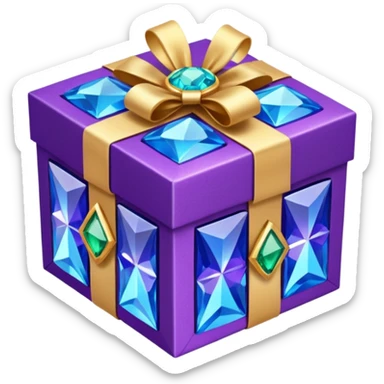  gift box . The square box displays vibrant purple panels with shimmering blue accents and intricate metallic detailing along its borders. Embed decorative gemstones and crystals at each corner for added visual interest. sticker