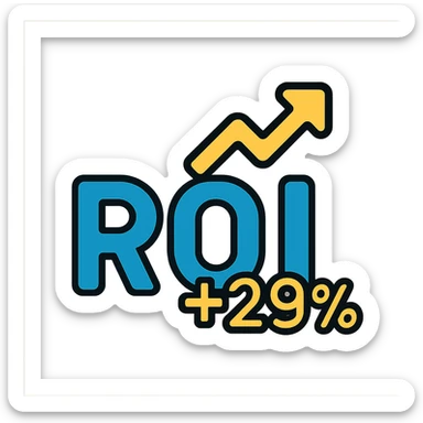 text 'ROI +29%' in bold font, deep cyan blue color, lineal color icon style with black outlines sticker
