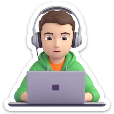 3D emoji style portrait of a focused student conducting an online exam, wearing headphones, sitting in front of a laptop, neutral background sticker