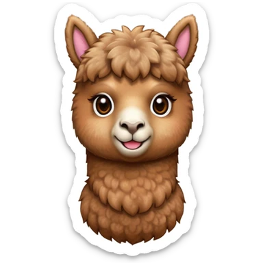 Cinematic Cute Brown Alpaca Portrait Emoji, Head tilted playfully and inquisitively, featuring a plush, rich brown fleece with a natural sheen, round, sparkling warm eyes filled with curiosity, Simplified yet irresistibly adorable features, highly detailed, glowing with a warm, friendly glow, high shine, affectionate and gentle, stylized with a touch of whimsy, bright and endearing, soft glowing outline, capturing the essence of a mischievous yet loving alpaca, so playful it feels like it could prance out of the screen and into your arms! sticker